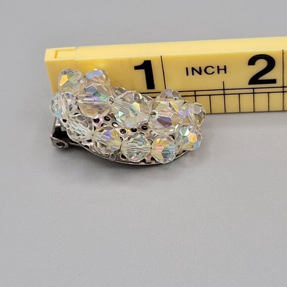 Vintage AB Aurora Borealis Crystal Curved Clip On Earrings 1940s - Picture 6 of 6